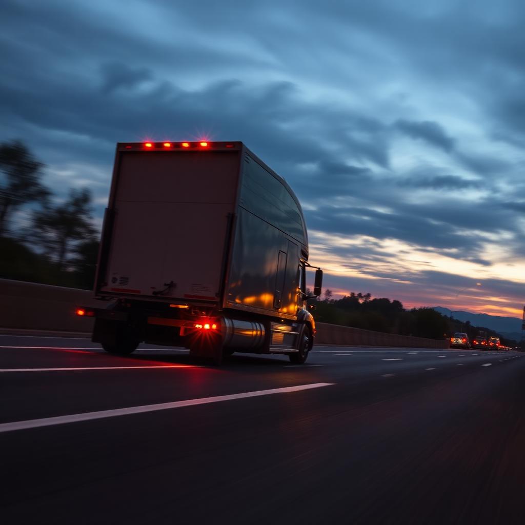 Semi-truck on highway at dusk